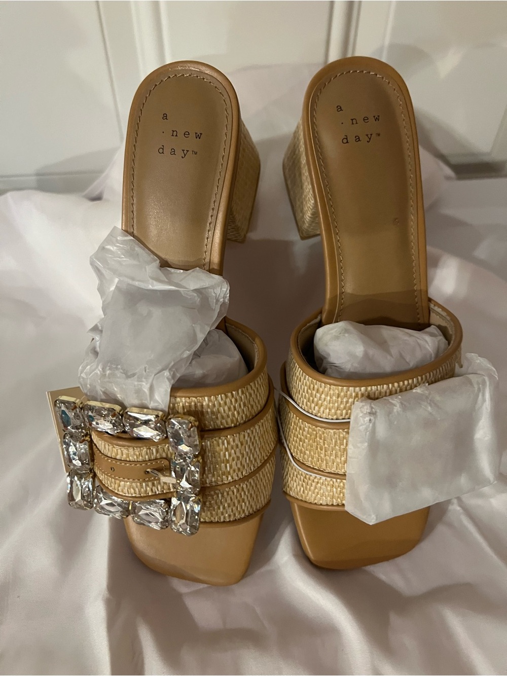 a new day Tan Woven Block Heel Mules with Gem Buckle